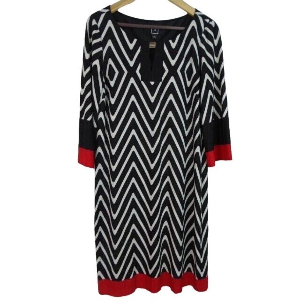 RM LL Women's Dress Size Small Black White Red Chevron 3/4 Sleeve Shift Dress